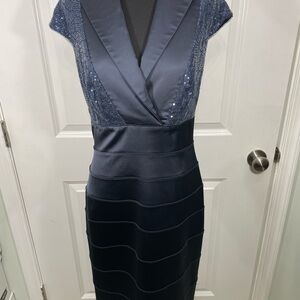 Tadashi Collection Navy Blue Midi Sequins Holiday Cocktail Dress SIZE 8